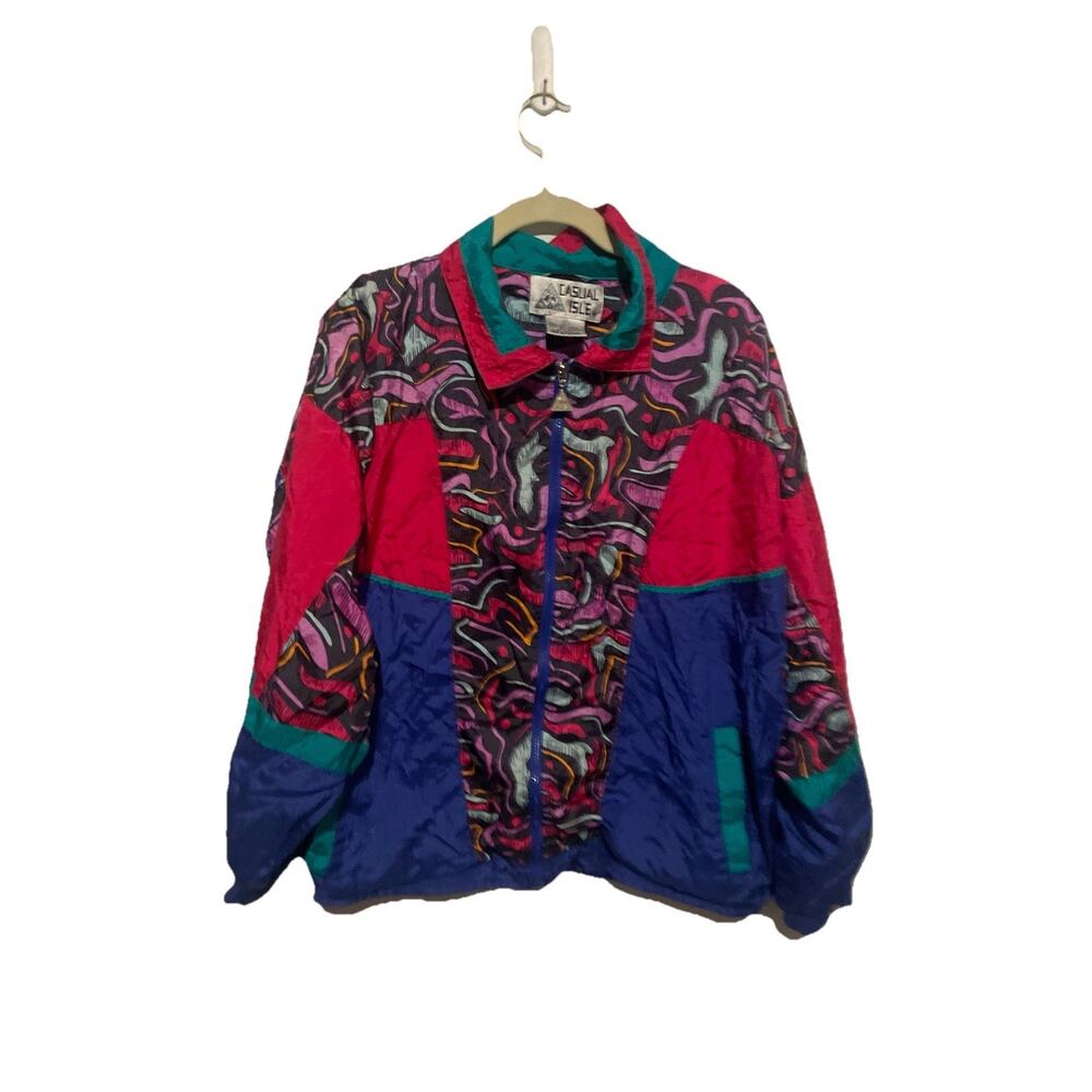 Casual Isle Windbreaker Womens Large Abstract Colorful Track Jacket‎ VTG